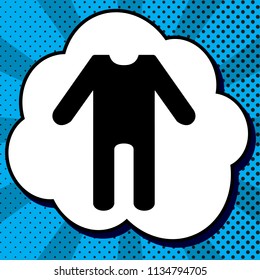 Baby clothes sign. Vector. Black icon in bubble on blue pop-art background with rays.