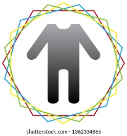 Baby clothes sign. Vector. Black icon with patch of light inside colorful hexagonal frames at white background.