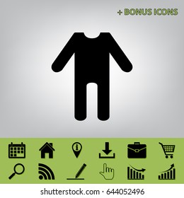 baby clothes sign. Vector. Black icon at gray background with bonus icons 