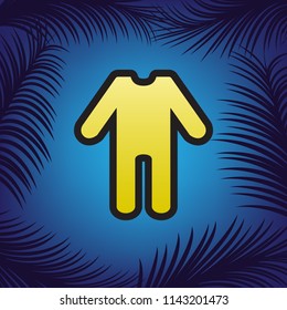Baby clothes sign. Vector. Golden icon with black contour at blue background with branches of palm trees.