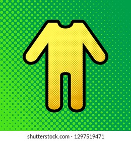 Baby clothes sign. Vector. Pop art orange to yellow dots-gradient icon with black contour at greenish background.