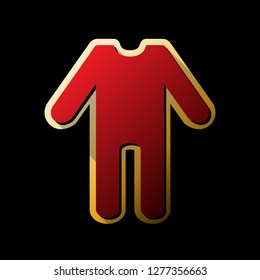 Baby clothes sign. Vector. Red icon with small black and limitless shadows at golden sticker on black background.