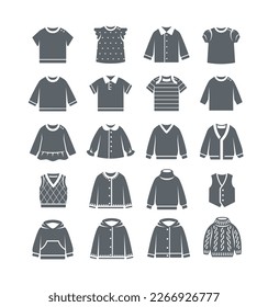 Baby clothes silhouette icons. Different shirts, sweaters, cardigans and vests. Simple solid pictograms of children clothing. Kids wardrobe garment. Outfit for toddler, little boy or girl