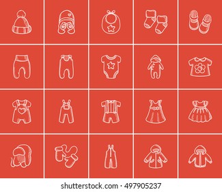 Baby clothes sketch icon set for web, mobile and infographics. Hand drawn baby clothes icon set. Baby clothes vector icon set. Baby clothes icon set isolated on red background.