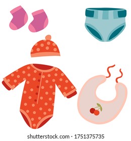 baby clothes, socks, bib, diaper, bonnet, romper, flat, isolated object on a white background, vector illustration,