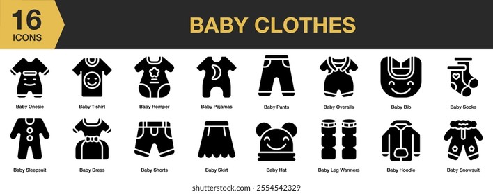 Baby Clothes solid icon set. Includes baby onesie, tshirt, pants, romper, pajamas, socks, and More. Solid icons vector collection.