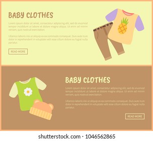 Baby clothes text sample and headlines set, collection of web pages with tee and pants, hat and t-shirt, baby clothes isolated on vector illustration
