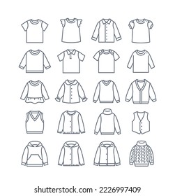 Baby clothes thin line icons. Simple linear pictograms of kids clothing. Different shirts, sweaters, cardigans and vests. Outline children wardrobe garment. Cute outfit for toddler, little boy or girl