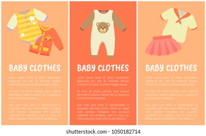 Baby clothes three banners, vector illustration with little children clothes, baby suits and shirt with car, pink skirt and white t-shirt, text sample