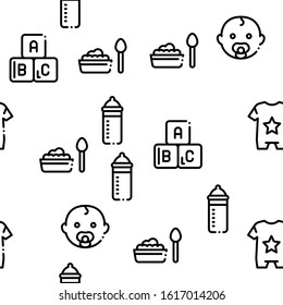 Baby Clothes And Tools Seamless Pattern Vector Thin Line. Illustrations