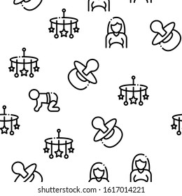 Baby Clothes And Tools Seamless Pattern Vector Thin Line. Illustrations