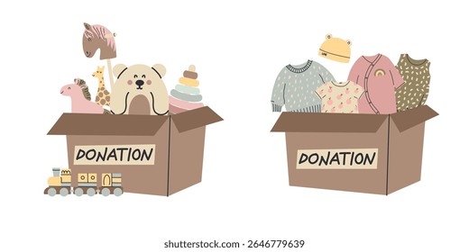 Baby clothes and toys donation. Kids and newborn bodysuit in box. Sharing for children. Charity concept. Volunteer care, poor family social, support. Donate advertising. Vector illustration