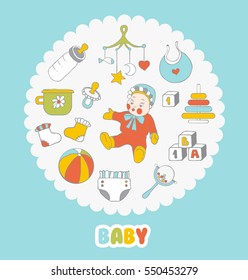 Baby clothes and toys hand drawn seamless pattern