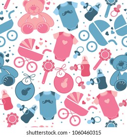 Baby clothes and toys seamless pattern