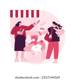 Baby clothes trade-in abstract concept vector illustration. Used kids toys and clothes in exchange for cash or coupons, child fashion store, second hand, baby gear, resale shop abstract metaphor.