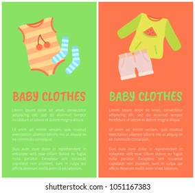Baby clothes two color cards, vector illustration with baby suit, shorts and socks, t-shirt with watermelon print, child clothing set, text sample