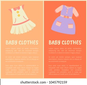 Baby clothes two colorful vector illustrations, white text sample, cute baby dresses with decorative flowers and bow on belt, pretty girl s clothing