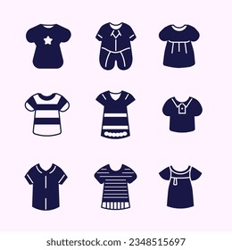 Juego de iconos vectoriales de ropa para bebé. Ilustración. Iconos de ropa resaltados y rellenos. Moda.