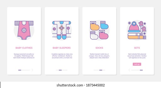 Baby clothes vector illustration. UX, UI onboarding mobile app page screen set with line goods clothing for little boys and girls, baby socks, cute apparel for newborn children, child fashion store