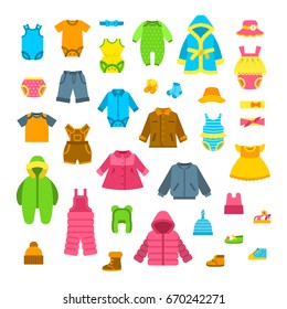 Baby clothes vector illustrations set. Newborn kid outfit flat icons. Little girl and boy clothing cartoon elements. Child fashion collection. Garments for all seasons. Apparel, underwear, hats, shoes