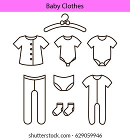 Baby clothes vector line icons. Outline sliders, bodysuit, socks and panties