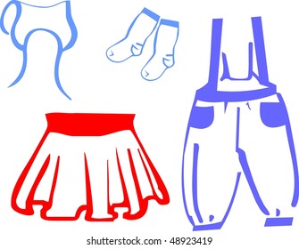 baby clothes vector - red skirt and blue jumpsuit pants with socks
