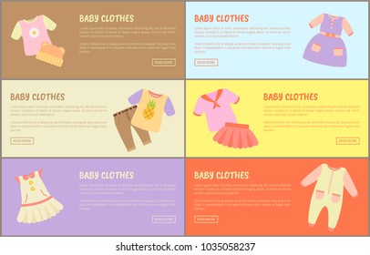 Baby clothes web collections, set of sites with baby clothes and text sample with headlines, dresses and t-shirts with jumpers, vector illustration