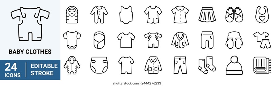 Baby clothes web line icons set. Bodysuit, coverall, romper, buster suit, newborn nest, girl dress vector illustrations. Editable Stroke