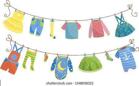 Baby Clothing Drying On Clothesline Vector Illustrations Set