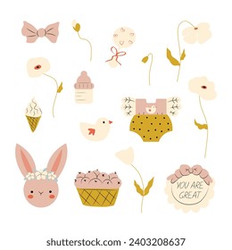 Baby clothing and flowers set in hand drawn style.  Clothing for infant boy or girl.