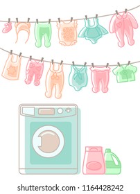 Baby clothing hanging on rope after washing and  washer. Linear style vector illustration