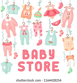 Baby clothing hanging on ropes and inscription baby store. Flat style vector illustration. Suitable for advertising