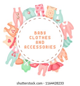Baby clothing and inscriptions. Flat style vector illustration. Suitable for advertising