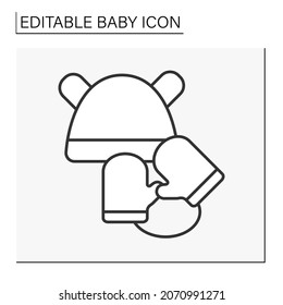  Baby clothing line icon. Cute hat and gloves for newborn. Baby products. Childhood concept. Isolated vector illustration. Editable stroke