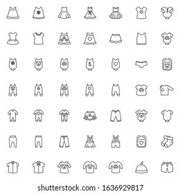 Baby clothing line icons set. Infant clothes linear style symbols collection, outline signs pack. vector graphics. Set includes icons as newborn baby bodysuit, romper jumpsuit, bib, dress, shirts