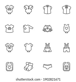 Baby clothing line icons set, outline vector symbol collection, linear style pictogram pack. Signs, logo illustration. Set includes icons as baby girl dress, skirt, boy shirt, socks, newborn bodysuit