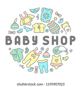 Baby clothing shop card. Linear style vector illustration. Suitable for advertising