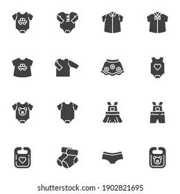 Baby clothing vector icons set, modern solid symbol collection, filled style pictogram pack. Signs, logo illustration. Set includes icons as baby girl dress, skirt, boy shirt, socks, newborn bodysuit