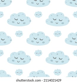 Baby clouds pattern. Nursery dream seamless pattern. Light blue kids sky background. Cute vector design with smiling, sleeping clouds. Baby illustration.