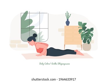  Baby Cobra Yoga pose. Young woman practicing yoga  exercise. Woman workout fitness, aerobic and exercises. Vector Illustration.