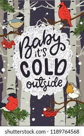 Baby its Cold Outside hand lettering. Hand drawn illustration of the winter scene with cute birds sitting on the branches in a forest. Xmas card illustration.