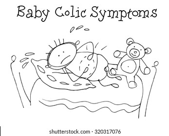 Baby colic symptoms. Kids Health. Graphic sketch in vector.