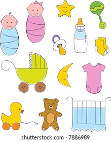 Baby Collection containing baby boy, baby girl, rattle, pacifier, baby milk bottle, duck toy, bear toy, stroller, star, moon, socks, one piece bodysuit.