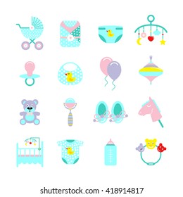 Baby colored flat icon set with accessories and necessary things for a newborn isolated vector illustration