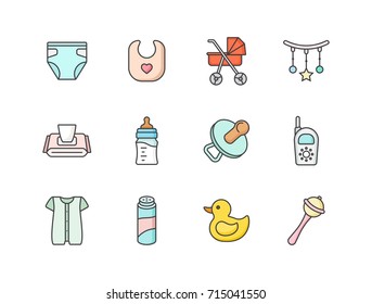 Baby colored flat line icons set with nappy, bib, stroller, toy, tissues, pacifier,radio monitor, milk bottle, romper, talcum powder, rubber duck.