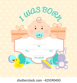 Baby colored illustration card with little child toys around and inscription I was born vector illustration