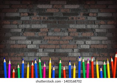 Baby colored wooden pencils on vintage brick wall background. Vector illustration