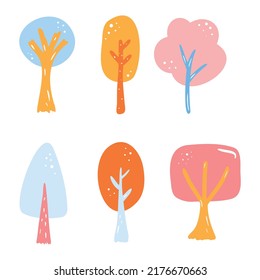 Baby colorful flat trees set. Hand-drawn vector elements. City childish collection