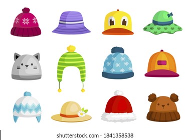 Baby colorful hats, caps, sunhat set. Kids headwears for summer, winter, autumn. Childrens headdresses in cat, duck, bear shapes, santa style. Vector cartoon collection illustration isolated on white.