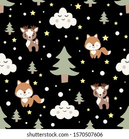 Baby colorful seamless pattern with the image of cute woodland animals. Winter background.